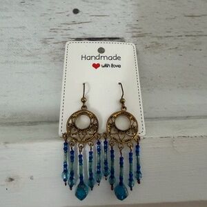 Handmade Gold-Tone Blue Beaded Chandelier Earrings